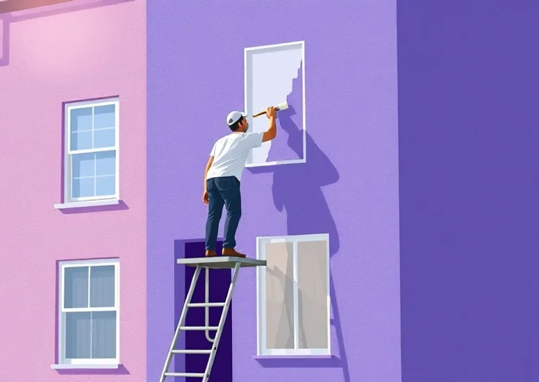 Peintre sur échafaudage traitant la façade d'une maison